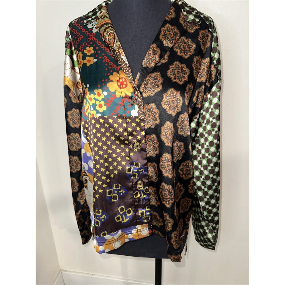 Urban Outfitters Patchwork Button Down Blouse Multicolor Sz‎ Xs Pt